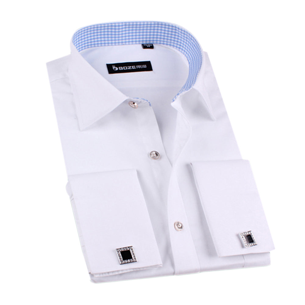 White # Men's slim fit button-down stripe checked dress shirt, long sleeve point collar with 2-button cuffs, soft breathable polyester casual formal top for business, office, wedding, party and daily wear, isolated on white background.