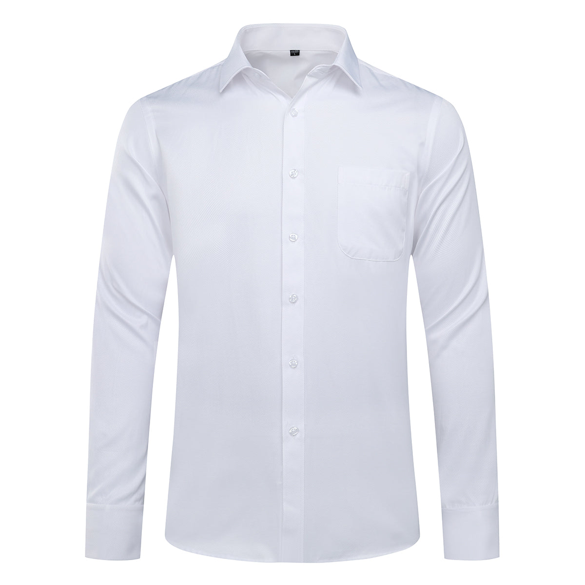 White # Men's slim fit button-down stripe checked dress shirt, long sleeve point collar with 2-button cuffs, soft breathable polyester casual formal top for business, office, wedding, party and daily wear, isolated on white background.