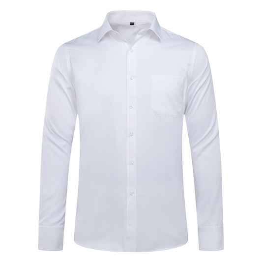 White # Men's slim fit button-down stripe checked dress shirt, long sleeve point collar with 2-button cuffs, soft breathable polyester casual formal top for business, office, wedding, party and daily wear, isolated on white background.