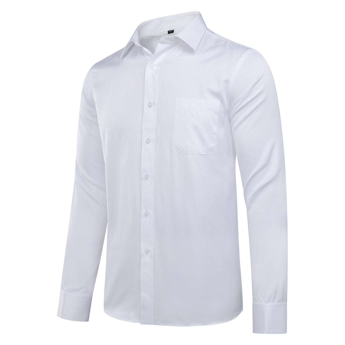 White # Men's slim fit button-down stripe checked dress shirt, long sleeve point collar with 2-button cuffs, soft breathable polyester casual formal top for business, office, wedding, party and daily wear, isolated on white background.