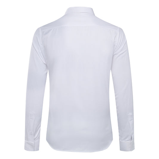 White # Men's slim fit button-down stripe checked dress shirt, long sleeve point collar with 2-button cuffs, soft breathable polyester casual formal top for business, office, wedding, party and daily wear, isolated on white background.