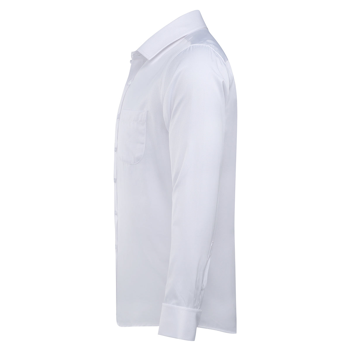 White # Men's slim fit button-down stripe checked dress shirt, long sleeve point collar with 2-button cuffs, soft breathable polyester casual formal top for business, office, wedding, party and daily wear, isolated on white background.