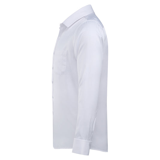 White # Men's slim fit button-down stripe checked dress shirt, long sleeve point collar with 2-button cuffs, soft breathable polyester casual formal top for business, office, wedding, party and daily wear, isolated on white background.