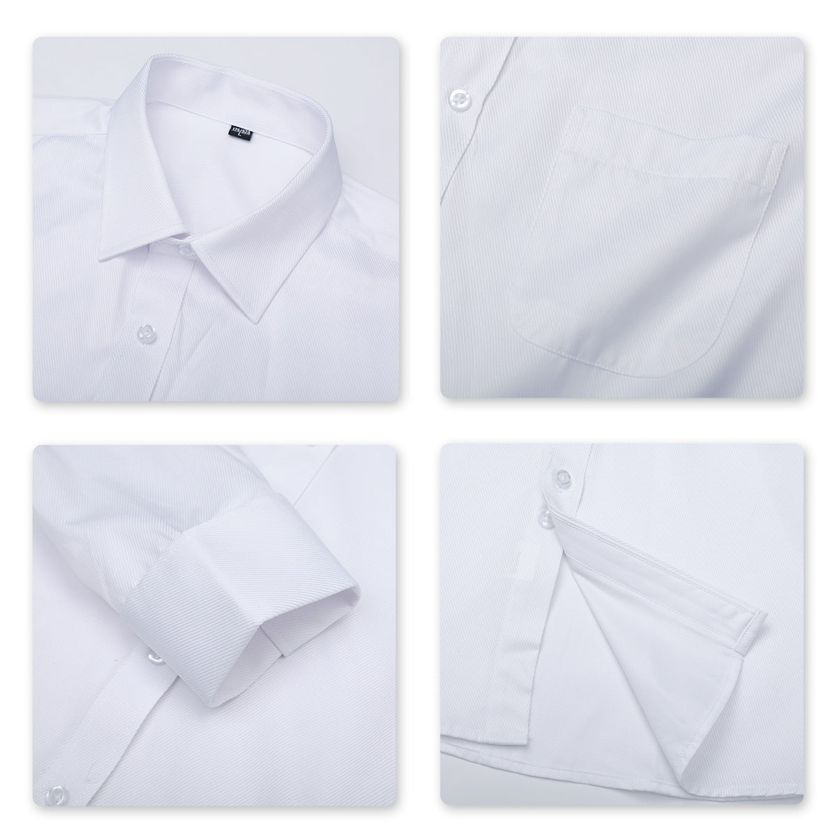 White # Men's slim fit button-down stripe checked dress shirt, long sleeve point collar with 2-button cuffs, soft breathable polyester casual formal top for business, office, wedding, party and daily wear, isolated on white background.
