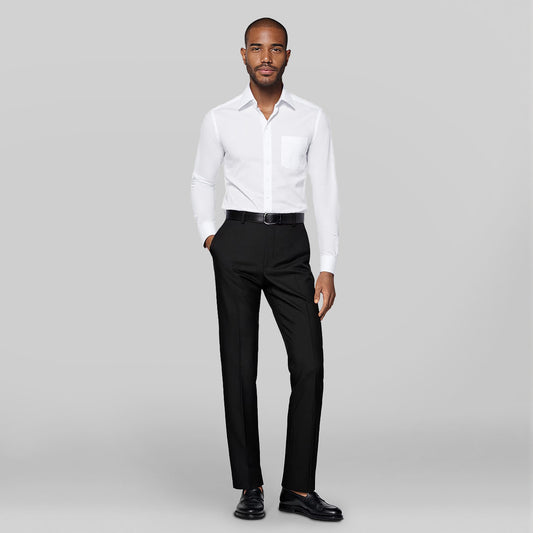 White # Men's slim fit button-down stripe checked dress shirt, long sleeve point collar with 2-button cuffs, soft breathable polyester casual formal top for business, office, wedding, party and daily wear, isolated on white background.