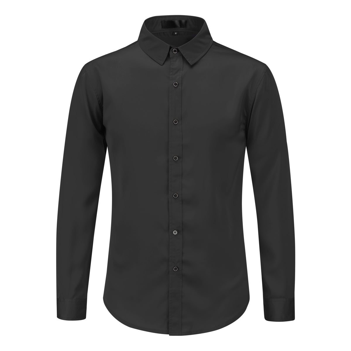 Black # Men's solid color long sleeve slim fit dress shirt, soft breathable polyester formal top with luxurious comfort for business, office, wedding, party and daily wear, isolated on white background.
