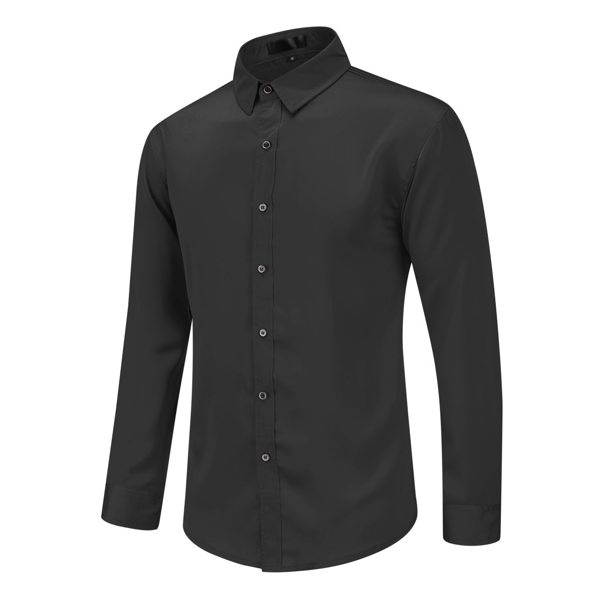 Black # Men's solid color long sleeve slim fit dress shirt, soft breathable polyester formal top with luxurious comfort for business, office, wedding, party and daily wear, isolated on white background.