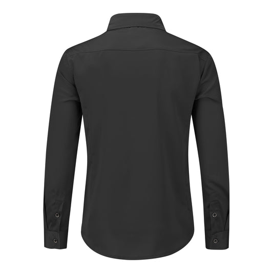 Black # Men's solid color long sleeve slim fit dress shirt, soft breathable polyester formal top with luxurious comfort for business, office, wedding, party and daily wear, isolated on white background.