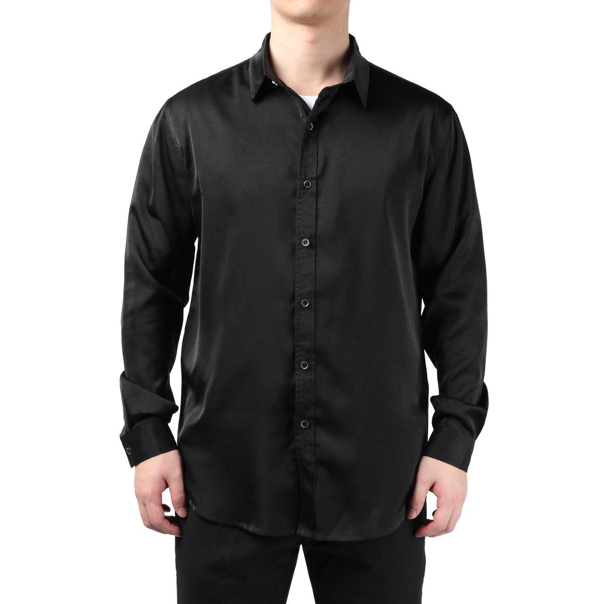 Black # Men's solid color long sleeve slim fit dress shirt, soft breathable polyester formal top with luxurious comfort for business, office, wedding, party and daily wear, isolated on white background.