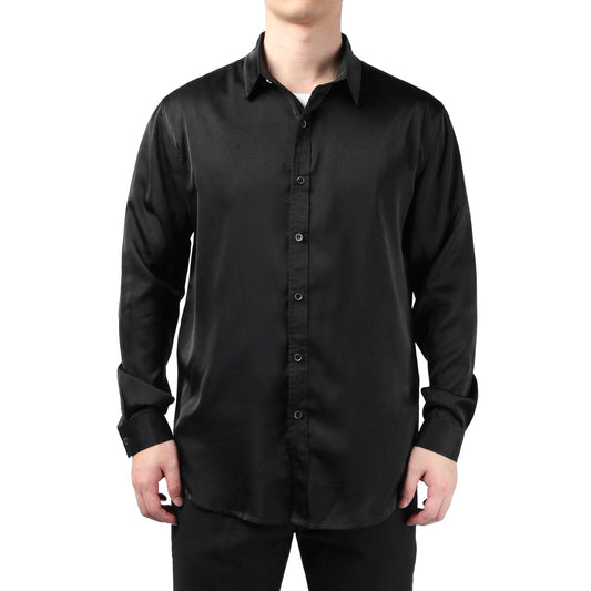 Black # Men's solid color long sleeve slim fit dress shirt, soft breathable polyester formal top with luxurious comfort for business, office, wedding, party and daily wear, isolated on white background.