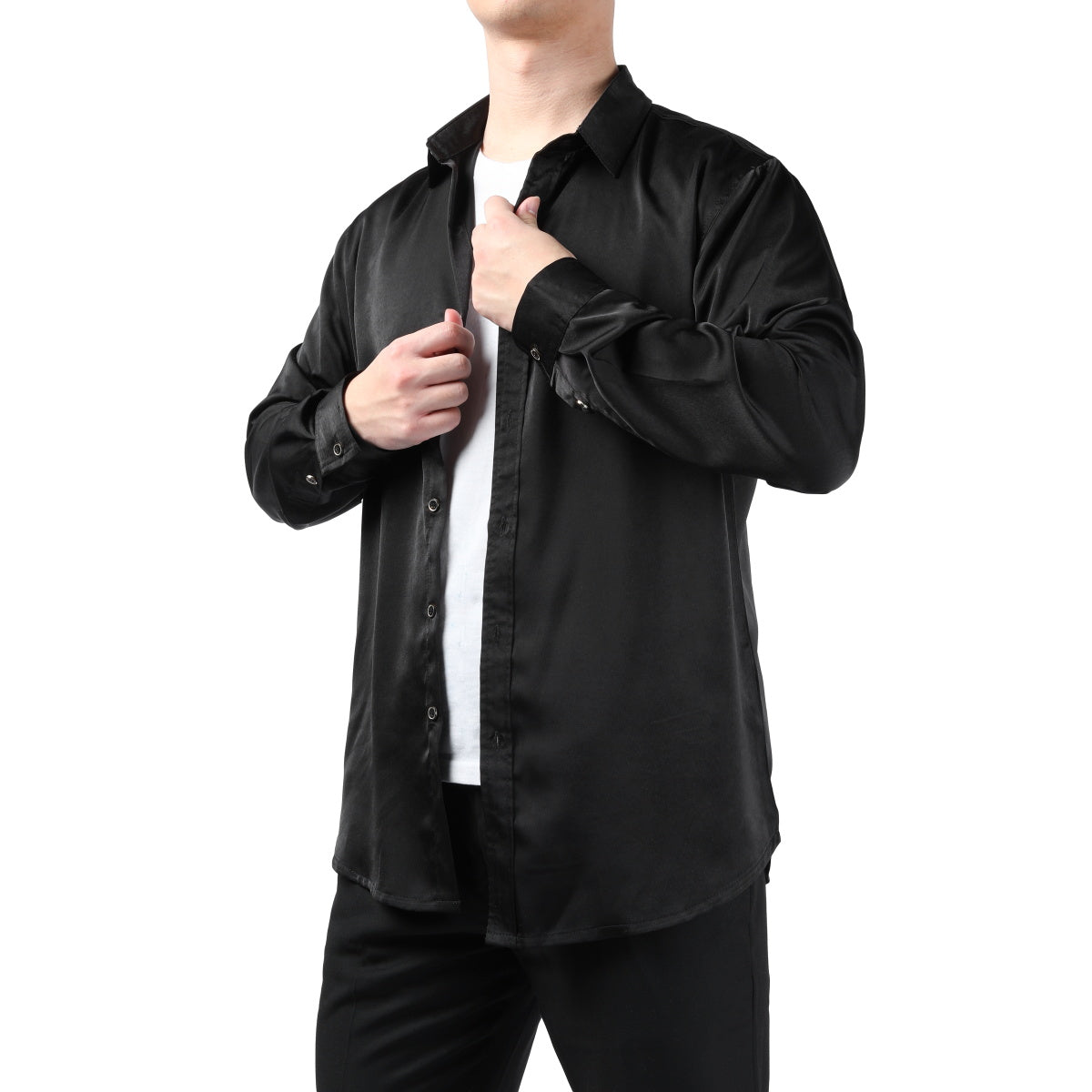 Black # Men's solid color long sleeve slim fit dress shirt, soft breathable polyester formal top with luxurious comfort for business, office, wedding, party and daily wear, isolated on white background.