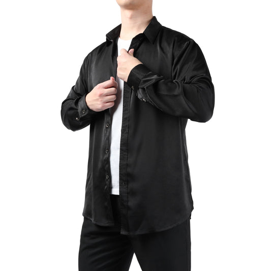 Black # Men's solid color long sleeve slim fit dress shirt, soft breathable polyester formal top with luxurious comfort for business, office, wedding, party and daily wear, isolated on white background.