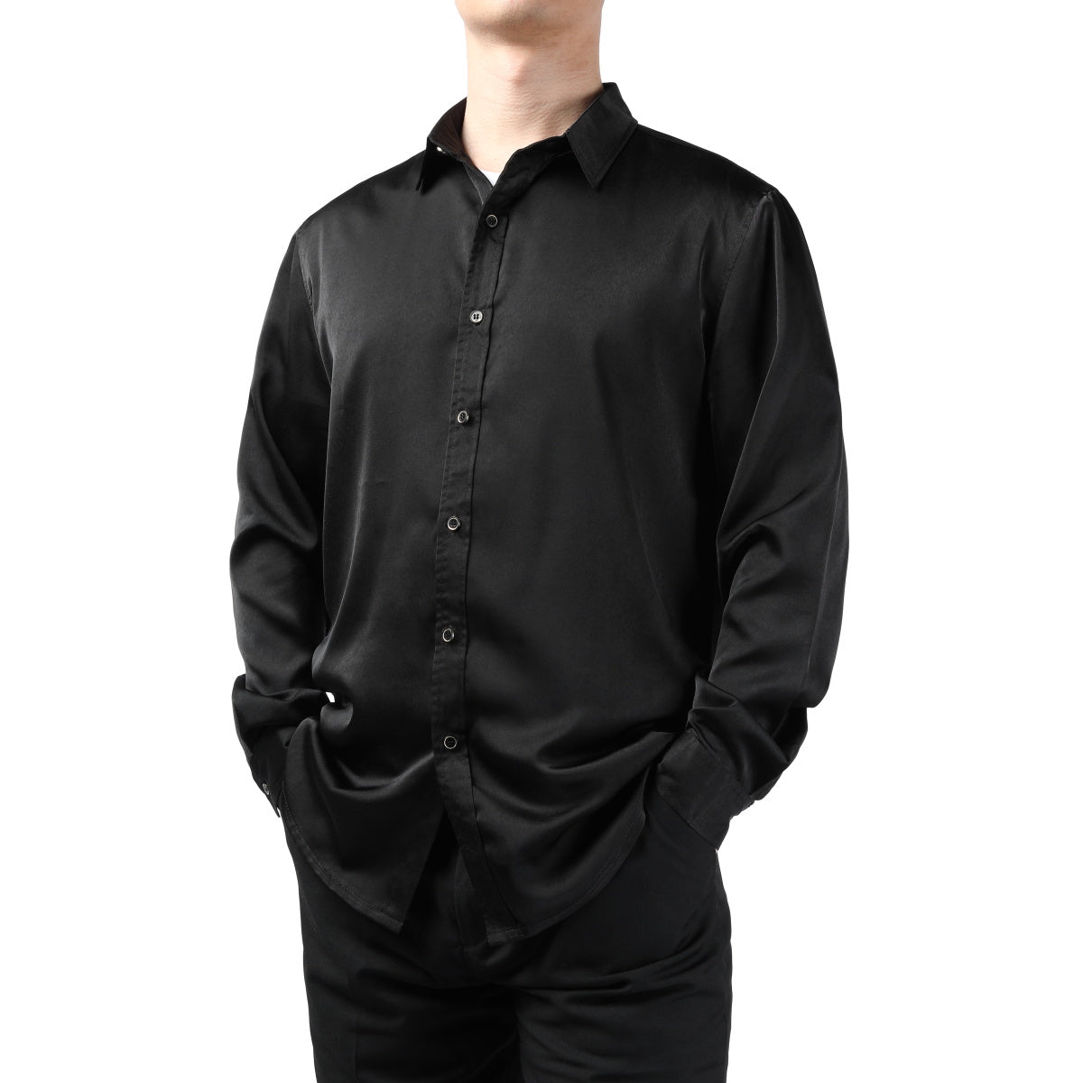 Black # Men's solid color long sleeve slim fit dress shirt, soft breathable polyester formal top with luxurious comfort for business, office, wedding, party and daily wear, isolated on white background.