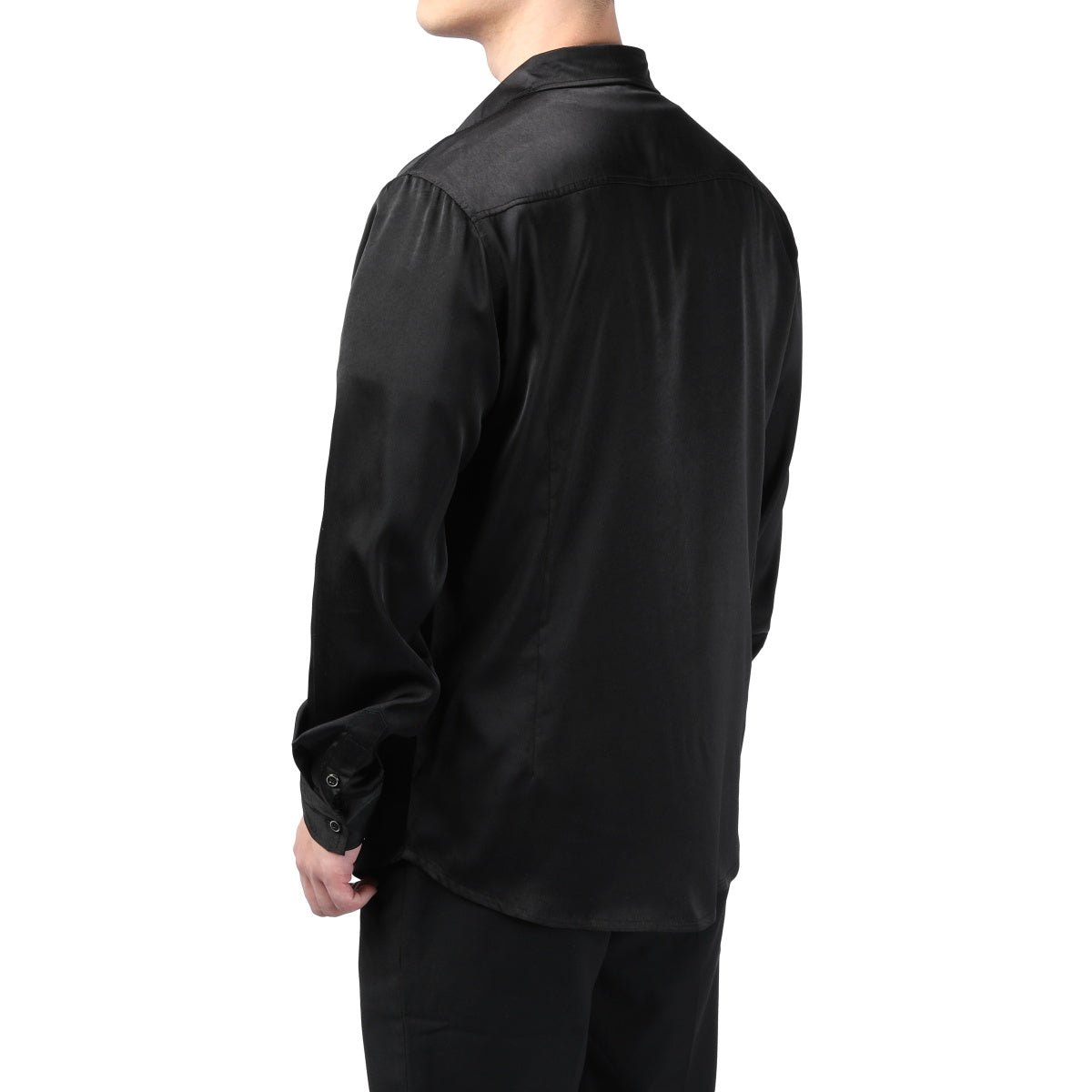 Black # Men's solid color long sleeve slim fit dress shirt, soft breathable polyester formal top with luxurious comfort for business, office, wedding, party and daily wear, isolated on white background.