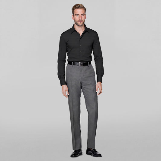 Black # Men's solid color long sleeve slim fit dress shirt, soft breathable polyester formal top with luxurious comfort for business, office, wedding, party and daily wear, isolated on white background.