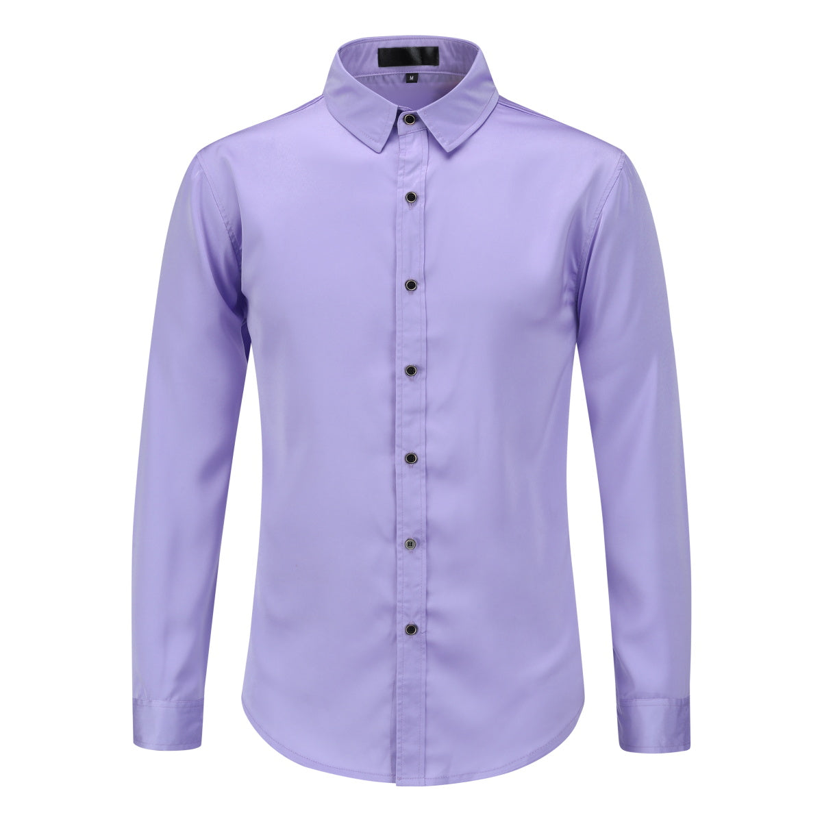 Purple # Men's solid color long sleeve slim fit dress shirt, soft breathable polyester formal top with luxurious comfort for business, office, wedding, party and daily wear, isolated on white background.