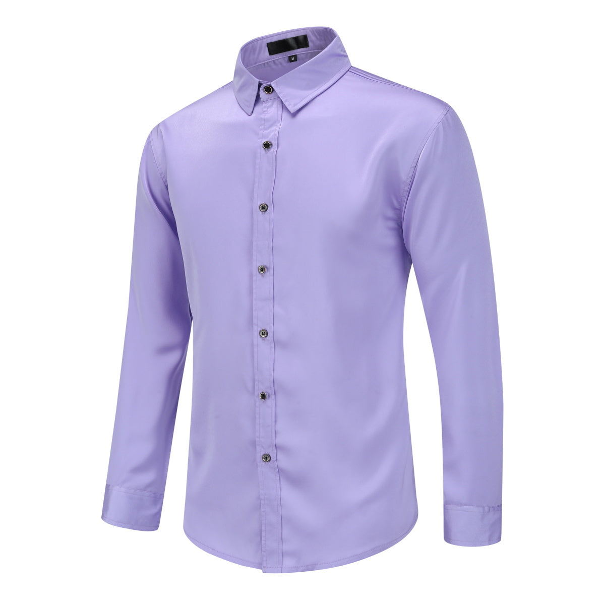 Purple # Men's solid color long sleeve slim fit dress shirt, soft breathable polyester formal top with luxurious comfort for business, office, wedding, party and daily wear, isolated on white background.