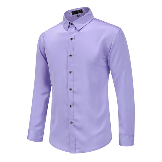 Purple # Men's solid color long sleeve slim fit dress shirt, soft breathable polyester formal top with luxurious comfort for business, office, wedding, party and daily wear, isolated on white background.