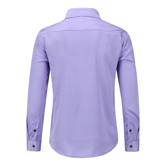 Purple # Men's solid color long sleeve slim fit dress shirt, soft breathable polyester formal top with luxurious comfort for business, office, wedding, party and daily wear, isolated on white background.