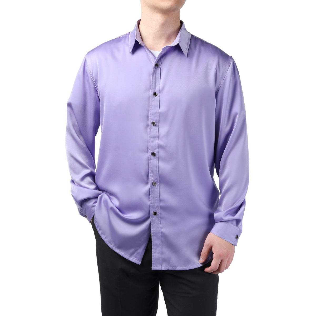 Purple # Men's solid color long sleeve slim fit dress shirt, soft breathable polyester formal top with luxurious comfort for business, office, wedding, party and daily wear, isolated on white background.
