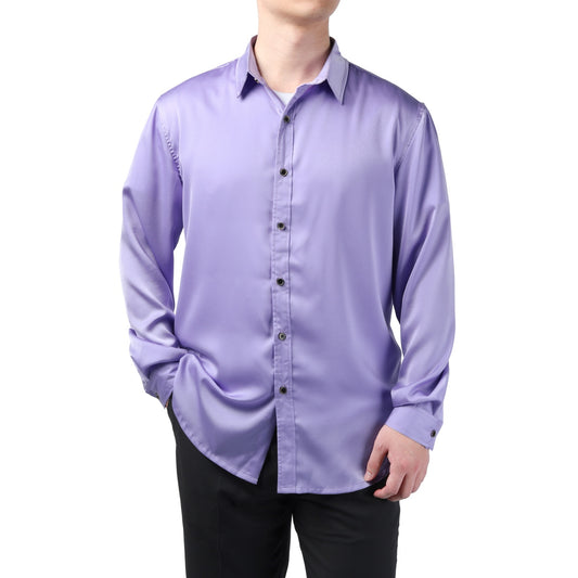 Purple # Men's solid color long sleeve slim fit dress shirt, soft breathable polyester formal top with luxurious comfort for business, office, wedding, party and daily wear, isolated on white background.