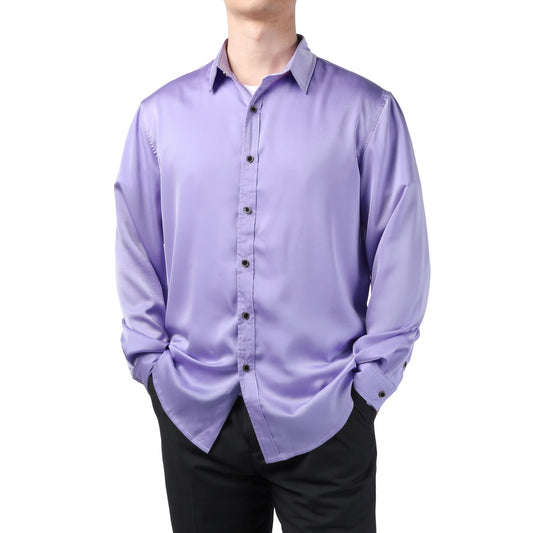 Purple # Men's solid color long sleeve slim fit dress shirt, soft breathable polyester formal top with luxurious comfort for business, office, wedding, party and daily wear, isolated on white background.