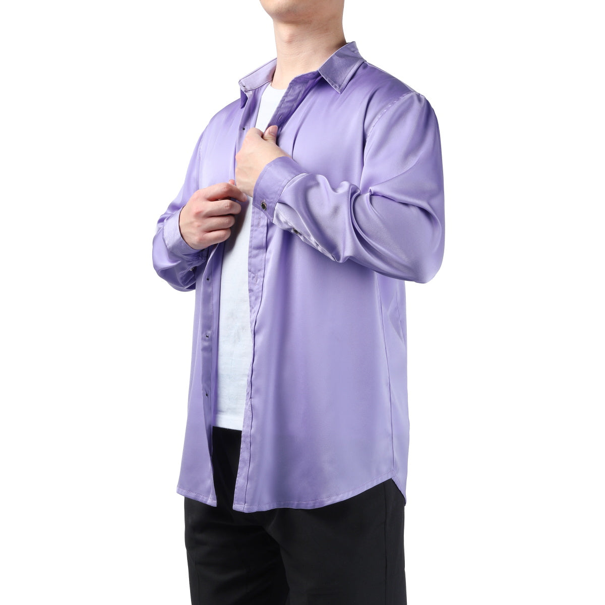 Purple # Men's solid color long sleeve slim fit dress shirt, soft breathable polyester formal top with luxurious comfort for business, office, wedding, party and daily wear, isolated on white background.