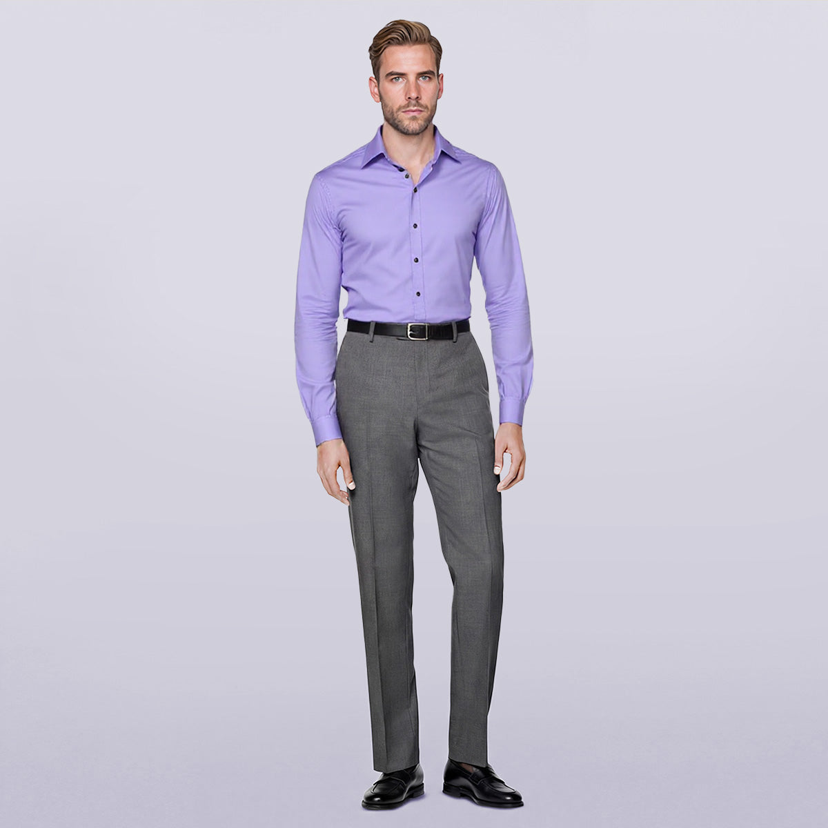 Purple # Men's solid color long sleeve slim fit dress shirt, soft breathable polyester formal top with luxurious comfort for business, office, wedding, party and daily wear, isolated on white background.
