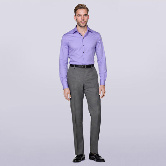 Purple # Men's solid color long sleeve slim fit dress shirt, soft breathable polyester formal top with luxurious comfort for business, office, wedding, party and daily wear, isolated on white background.