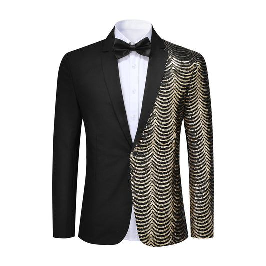 Black # Men's slim fit sequin party blazer with notched lapel and single-breasted button closure, black sparkle jacket with round sequin decoration and fully lined interior for party, prom, wedding and special events, isolated on white background.
