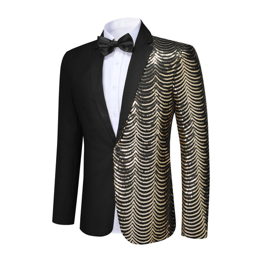Black # Men's slim fit sequin party blazer with notched lapel and single-breasted button closure, black sparkle jacket with round sequin decoration and fully lined interior for party, prom, wedding and special events, isolated on white background.