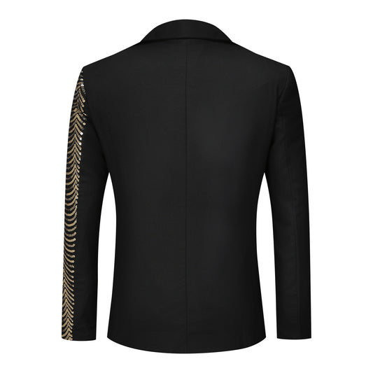 Black # Men's slim fit sequin party blazer with notched lapel and single-breasted button closure, black sparkle jacket with round sequin decoration and fully lined interior for party, prom, wedding and special events, isolated on white background.