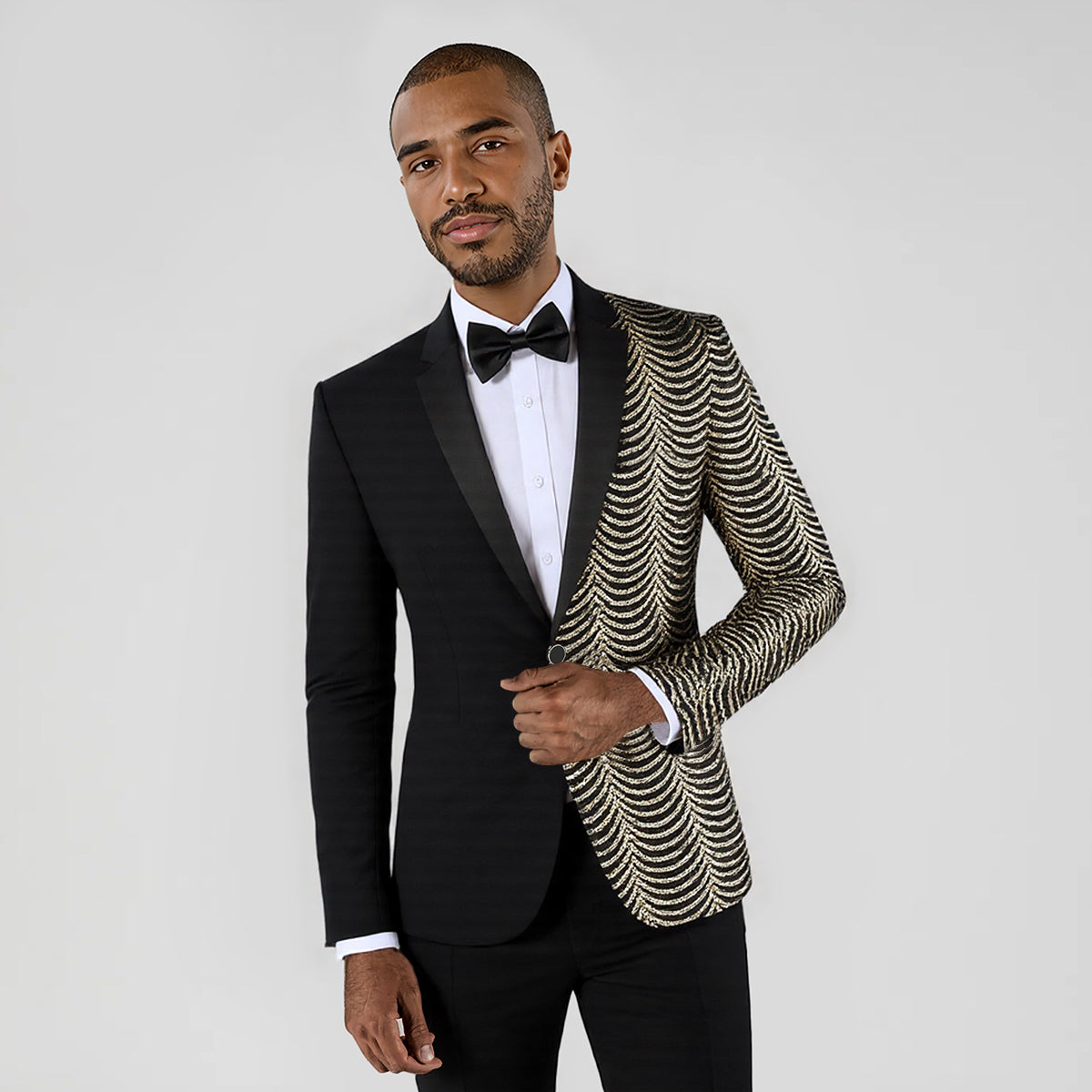 Black # Men's slim fit sequin party blazer with notched lapel and single-breasted button closure, black sparkle jacket with round sequin decoration and fully lined interior for party, prom, wedding and special events, isolated on white background.