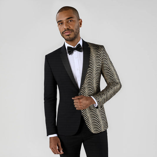 Black # Men's slim fit sequin party blazer with notched lapel and single-breasted button closure, black sparkle jacket with round sequin decoration and fully lined interior for party, prom, wedding and special events, isolated on white background.