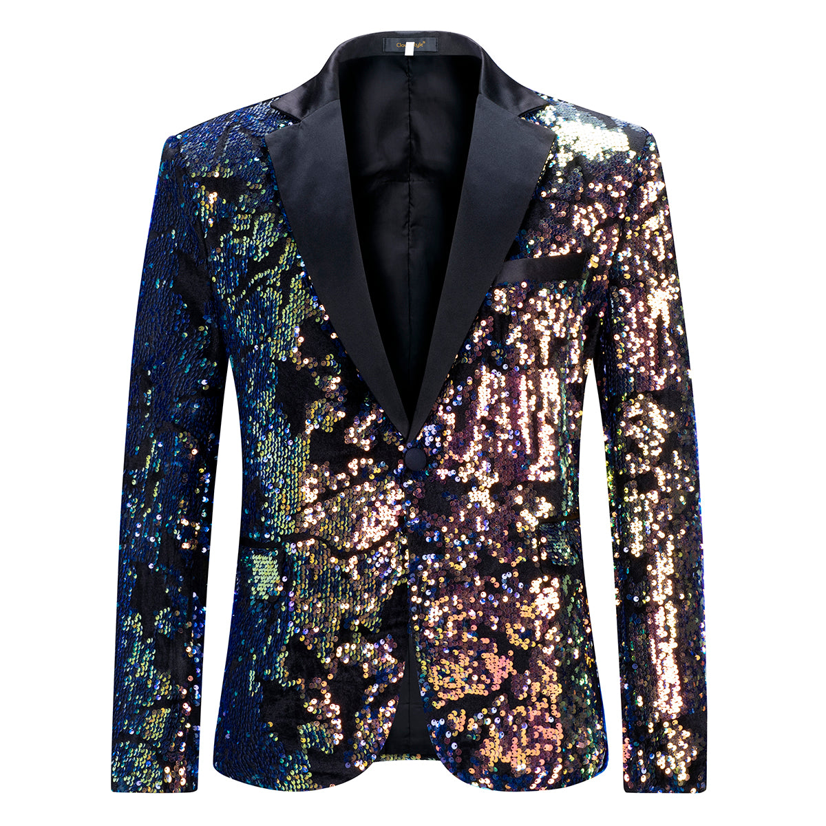 Converted # Men's slim fit sequin party blazer with notched lapel and single-breasted button closure, converted color sparkle jacket with round sequin decoration and fully lined interior for prom, wedding, banquet and celebration, isolated on white background.