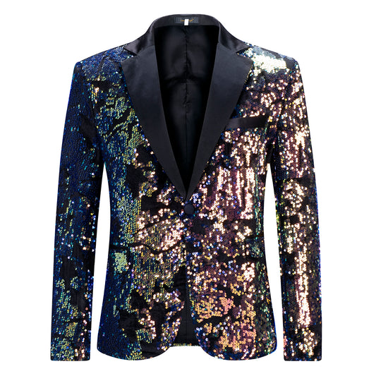 Converted # Men's slim fit sequin party blazer with notched lapel and single-breasted button closure, converted color sparkle jacket with round sequin decoration and fully lined interior for prom, wedding, banquet and celebration, isolated on white background.