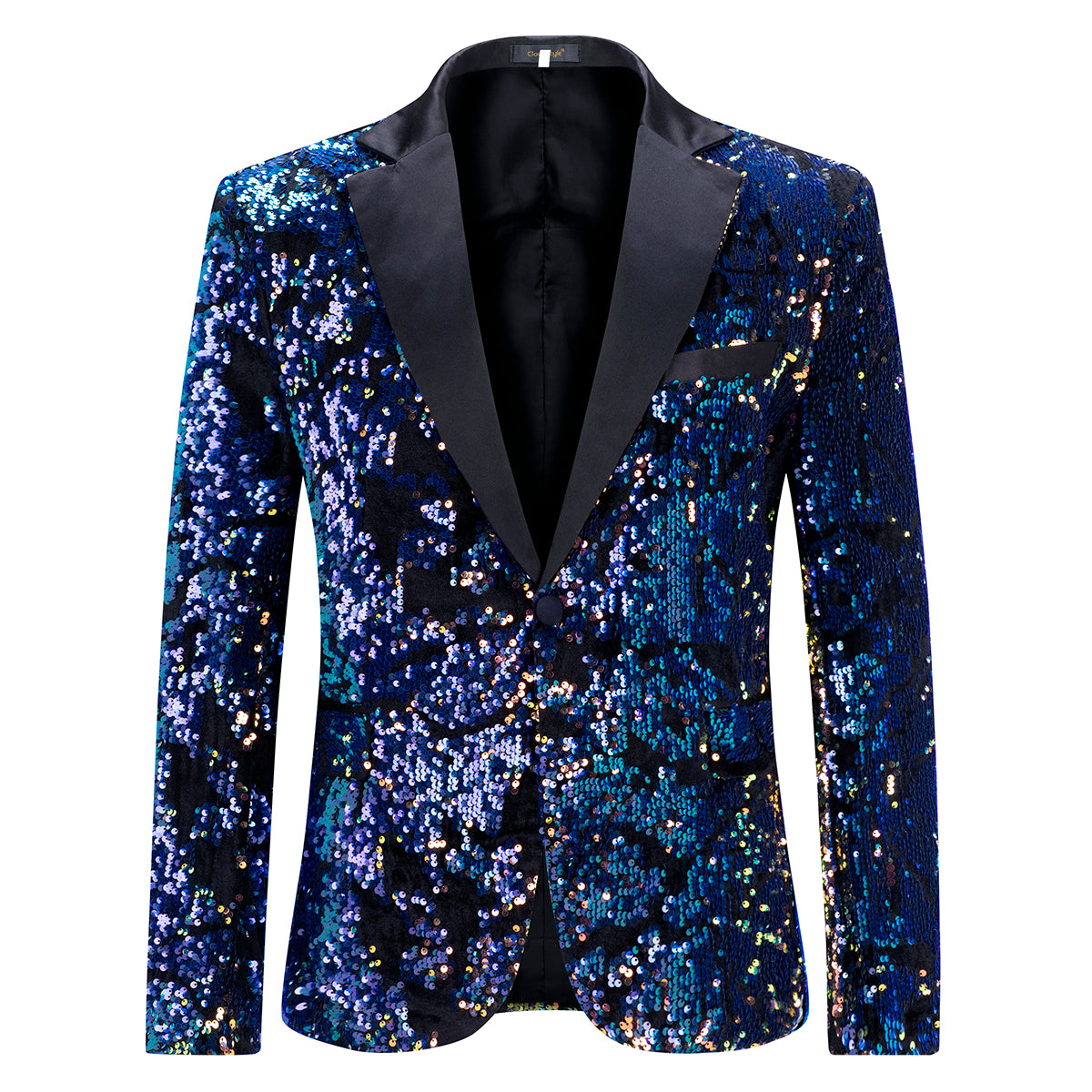 Converted # Men's slim fit sequin party blazer with notched lapel and single-breasted button closure, converted color sparkle jacket with round sequin decoration and fully lined interior for prom, wedding, banquet and celebration, isolated on white background.