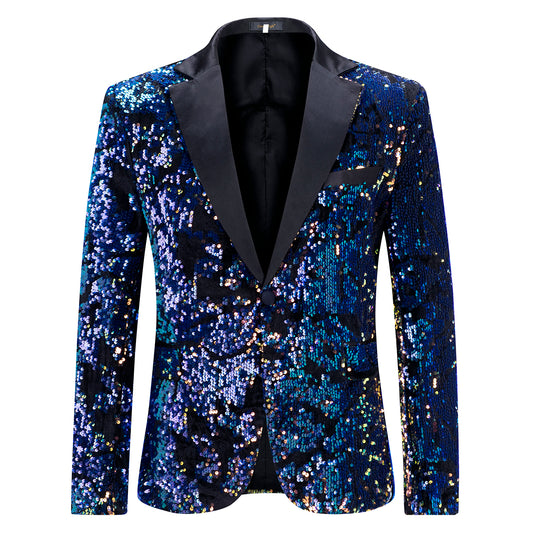 Converted # Men's slim fit sequin party blazer with notched lapel and single-breasted button closure, converted color sparkle jacket with round sequin decoration and fully lined interior for prom, wedding, banquet and celebration, isolated on white background.
