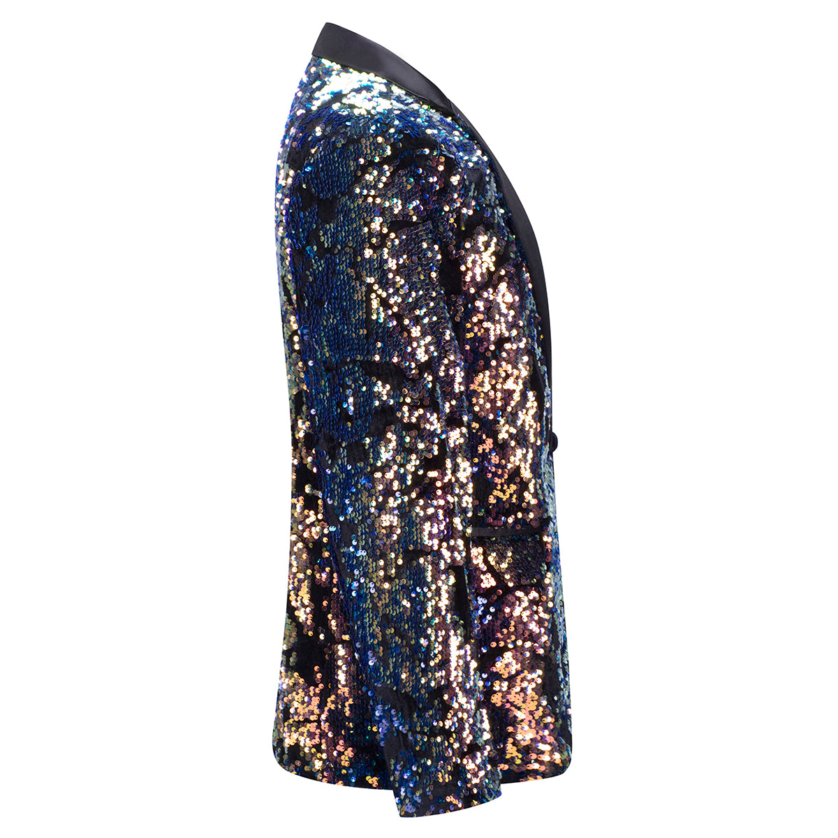 Converted # Men's slim fit sequin party blazer with notched lapel and single-breasted button closure, converted color sparkle jacket with round sequin decoration and fully lined interior for prom, wedding, banquet and celebration, isolated on white background.