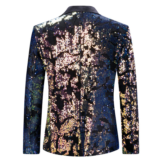 Converted # Men's slim fit sequin party blazer with notched lapel and single-breasted button closure, converted color sparkle jacket with round sequin decoration and fully lined interior for prom, wedding, banquet and celebration, isolated on white background.