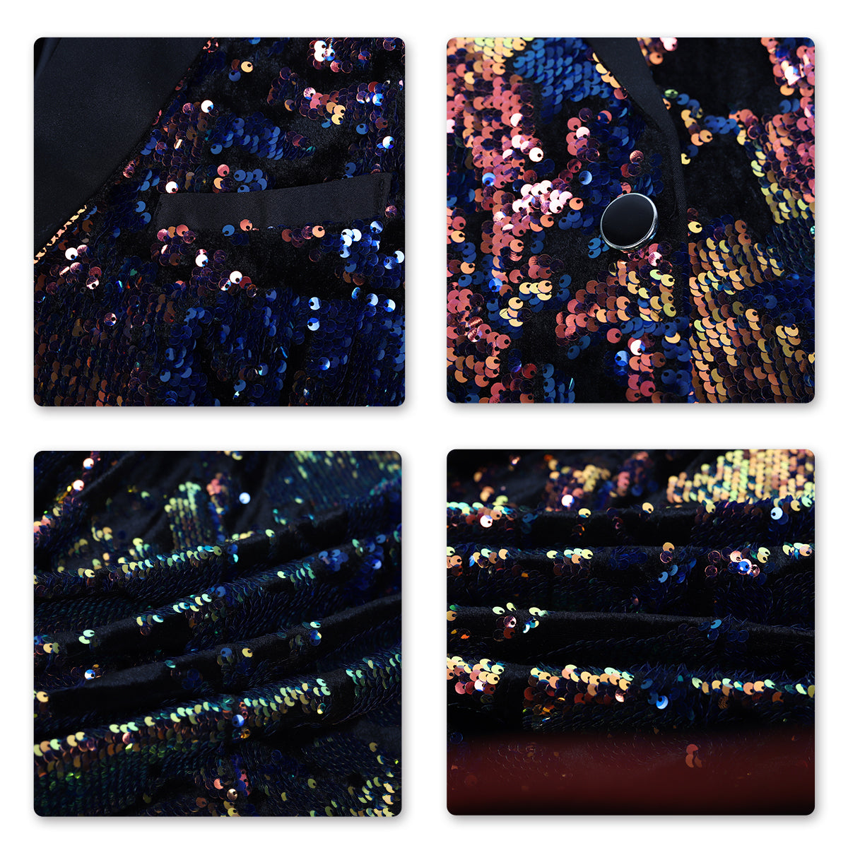 Converted # Men's slim fit sequin party blazer with notched lapel and single-breasted button closure, converted color sparkle jacket with round sequin decoration and fully lined interior for prom, wedding, banquet and celebration, isolated on white background.