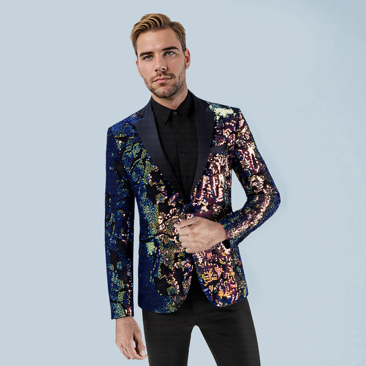 Converted # Men's slim fit sequin party blazer with notched lapel and single-breasted button closure, converted color sparkle jacket with round sequin decoration and fully lined interior for prom, wedding, banquet and celebration, isolated on white background.