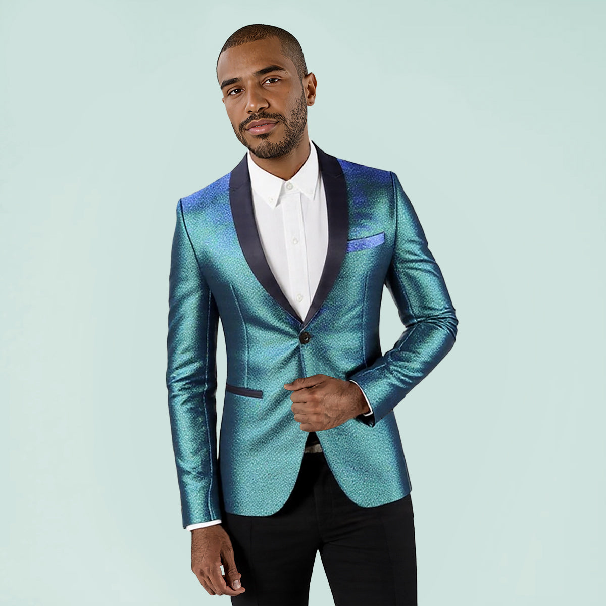 Magic Teal # Men's luxury prom tuxedo jacket with black shawl collar and one-button closure, magic teal metallic luster blazer with center vent, buttoned cuffs, 1 chest pocket and 2 side jet pockets, 3D tailored slim fit with full shoulder design for prom, wedding, party and formal events, isolated on white background.