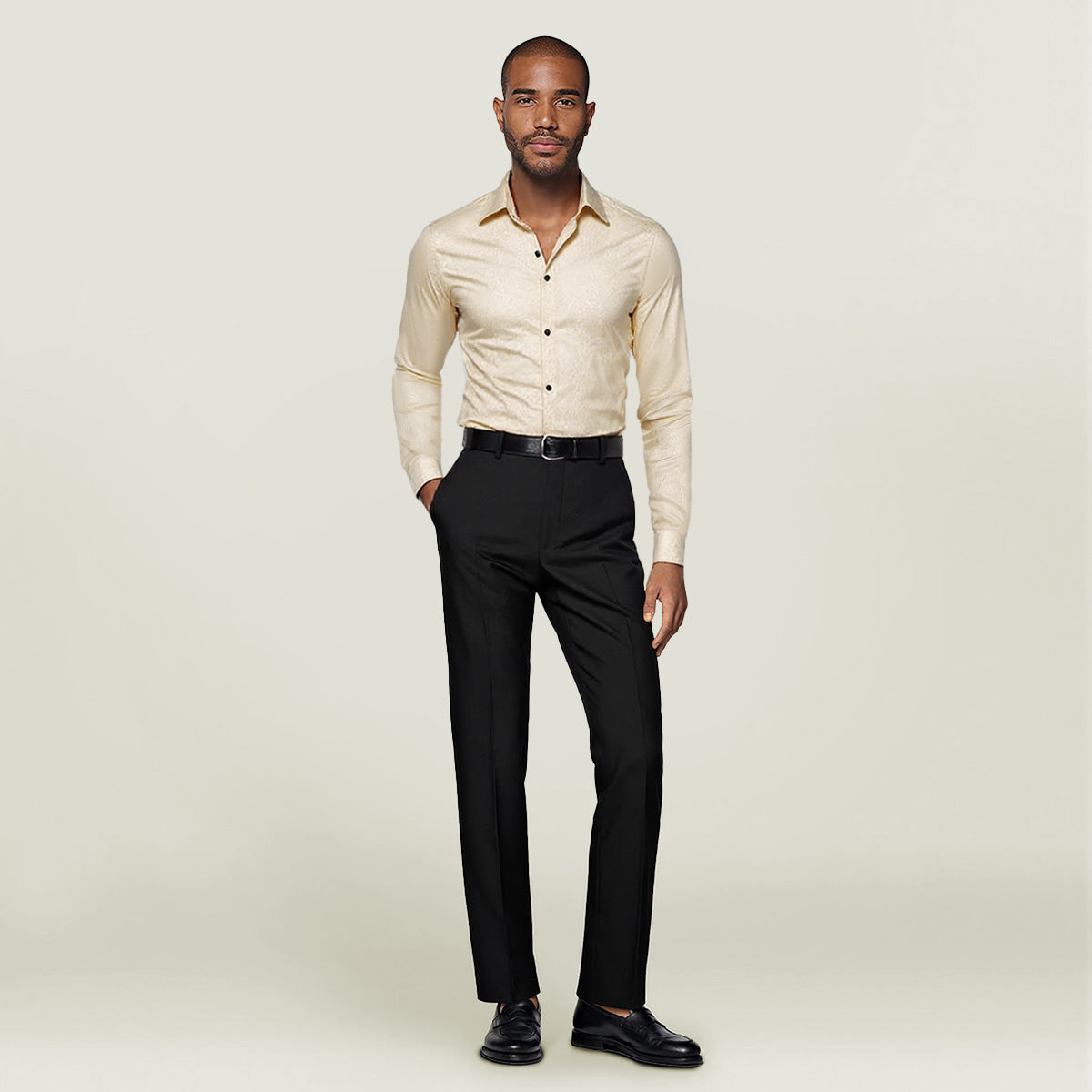 Beige # Men's slim fit embroidered paisley shirt with point collar and long sleeves, beige casual button-closure top with tone-to-tone embroidery design and two-button cuffs, soft polyester blend shirt for party, wedding, prom, business and daily wear, isolated on white background.
