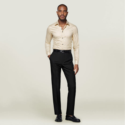 Beige # Men's slim fit embroidered paisley shirt with point collar and long sleeves, beige casual button-closure top with tone-to-tone embroidery design and two-button cuffs, soft polyester blend shirt for party, wedding, prom, business and daily wear, isolated on white background.