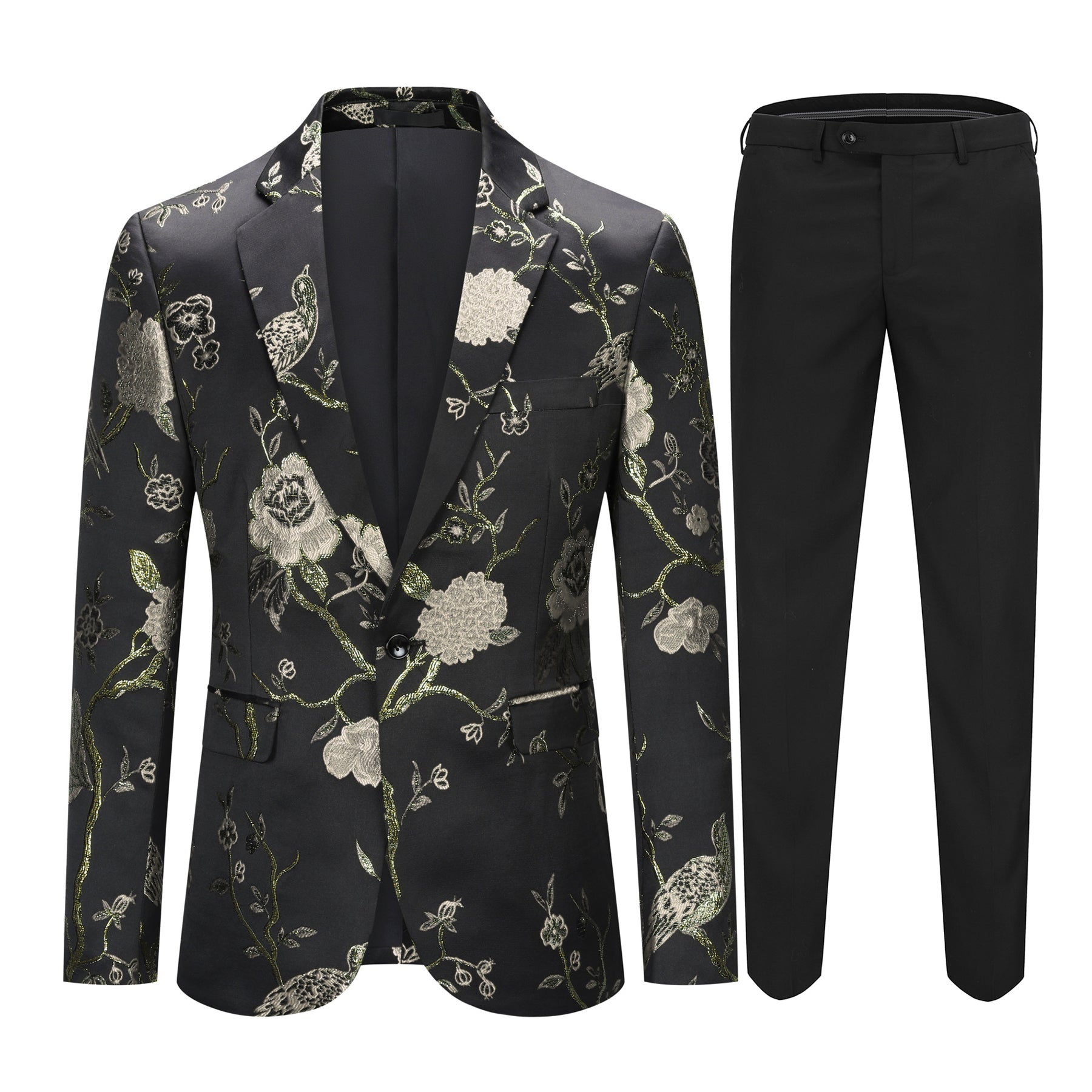 Gold # Men's one-button notch lapel embroidered 2-piece suit, slim fit gold formal blazer jacket with matching trousers, elegant embroidered wedding suit for party, prom, dinner and special occasions, isolated on white background.