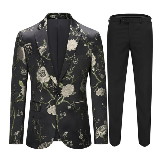 Gold # Men's one-button notch lapel embroidered 2-piece suit, slim fit gold formal blazer jacket with matching trousers, elegant embroidered wedding suit for party, prom, dinner and special occasions, isolated on white background.