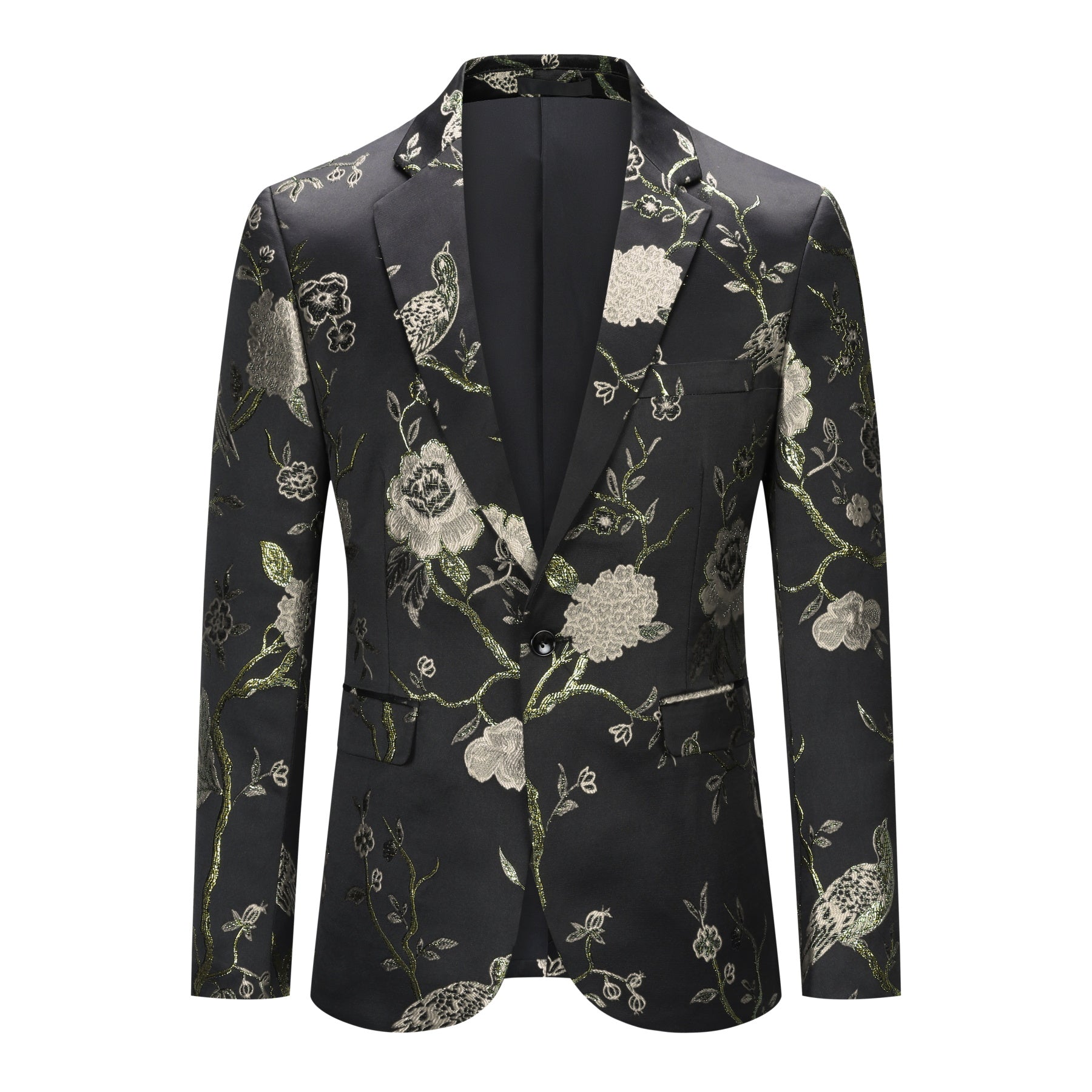 Gold # Men's one-button notch lapel embroidered 2-piece suit, slim fit gold formal blazer jacket with matching trousers, elegant embroidered wedding suit for party, prom, dinner and special occasions, isolated on white background.