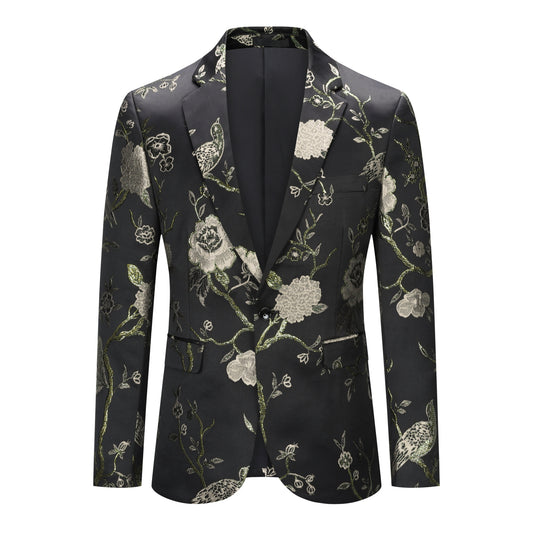 Gold # Men's one-button notch lapel embroidered 2-piece suit, slim fit gold formal blazer jacket with matching trousers, elegant embroidered wedding suit for party, prom, dinner and special occasions, isolated on white background.