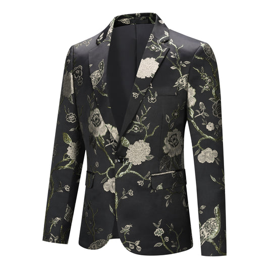 Gold # Men's one-button notch lapel embroidered 2-piece suit, slim fit gold formal blazer jacket with matching trousers, elegant embroidered wedding suit for party, prom, dinner and special occasions, isolated on white background.